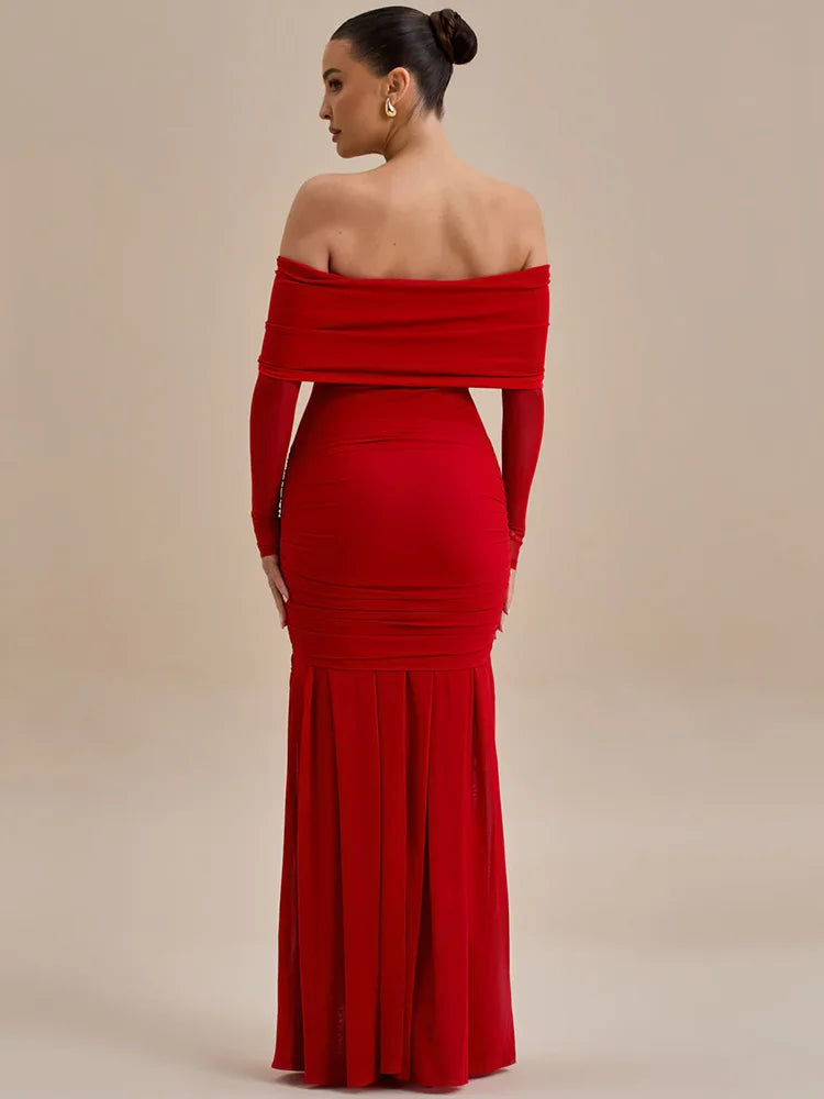 Off-shoulder maxi dress with ruching and floral appliqué decoration - Angelica