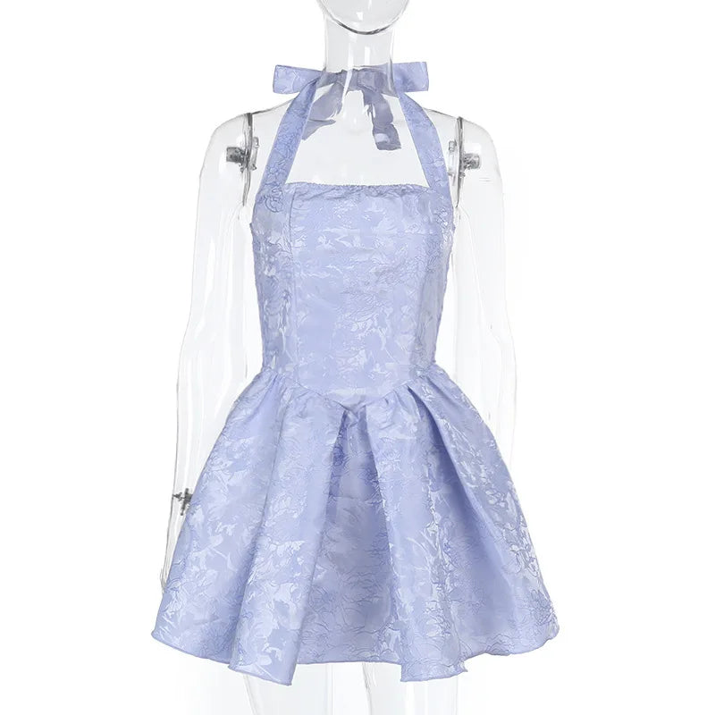 A-Line Mini Dress with Floral Embroidery and Neck Tie - Al Arieh