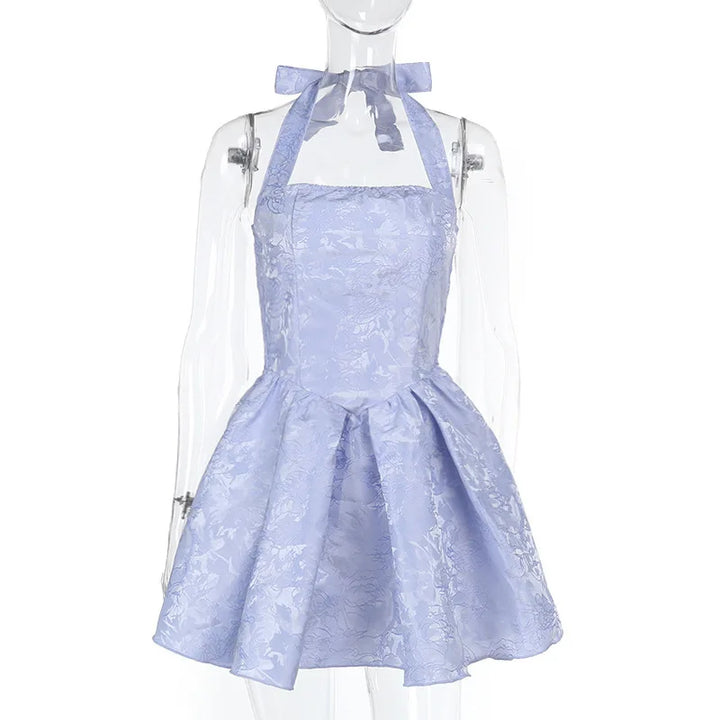A-Line Mini Dress with Floral Embroidery and Neck Tie - Al Arieh