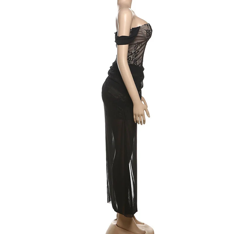 Maxi Lace Dress with Chiffon Detail and Off-Shoulder - Elouise