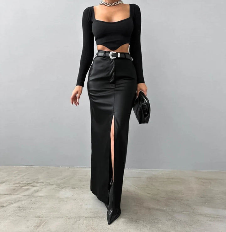 Maxi faux leather skirt with slit design - MAGEN