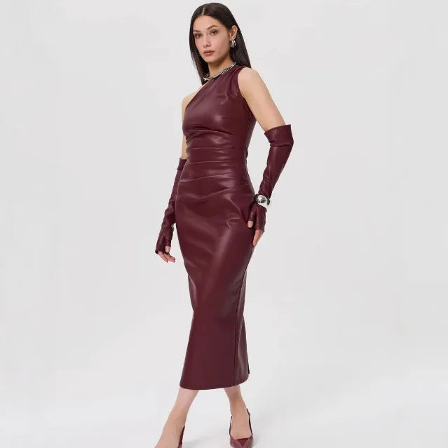 One-Shoulder Faux Leather Maxi Dress with Glove Detail - Thea