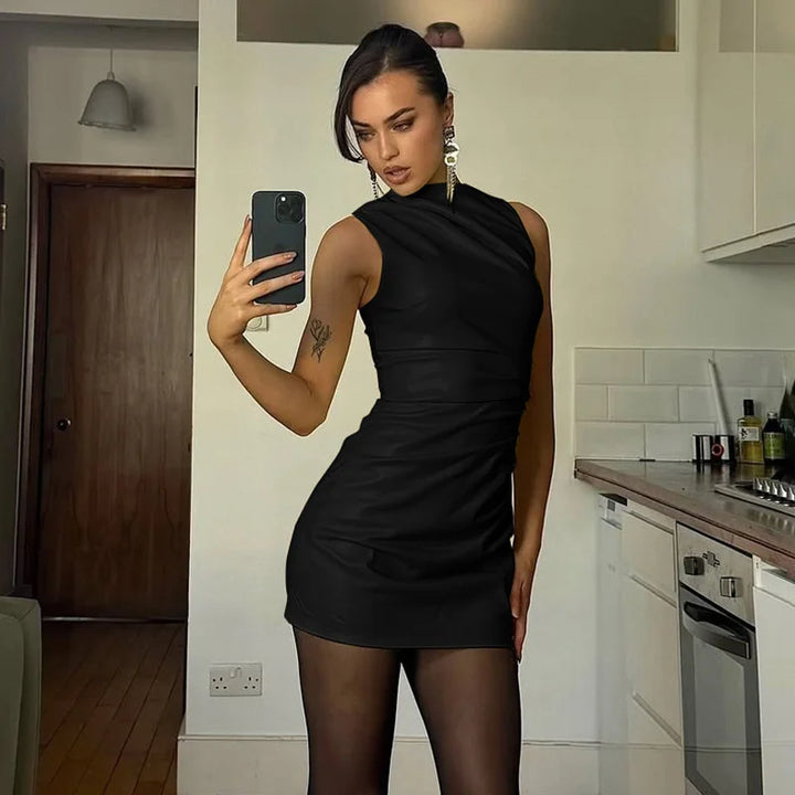 Mini Faux Leather Dress with Pleats Design - SIERA