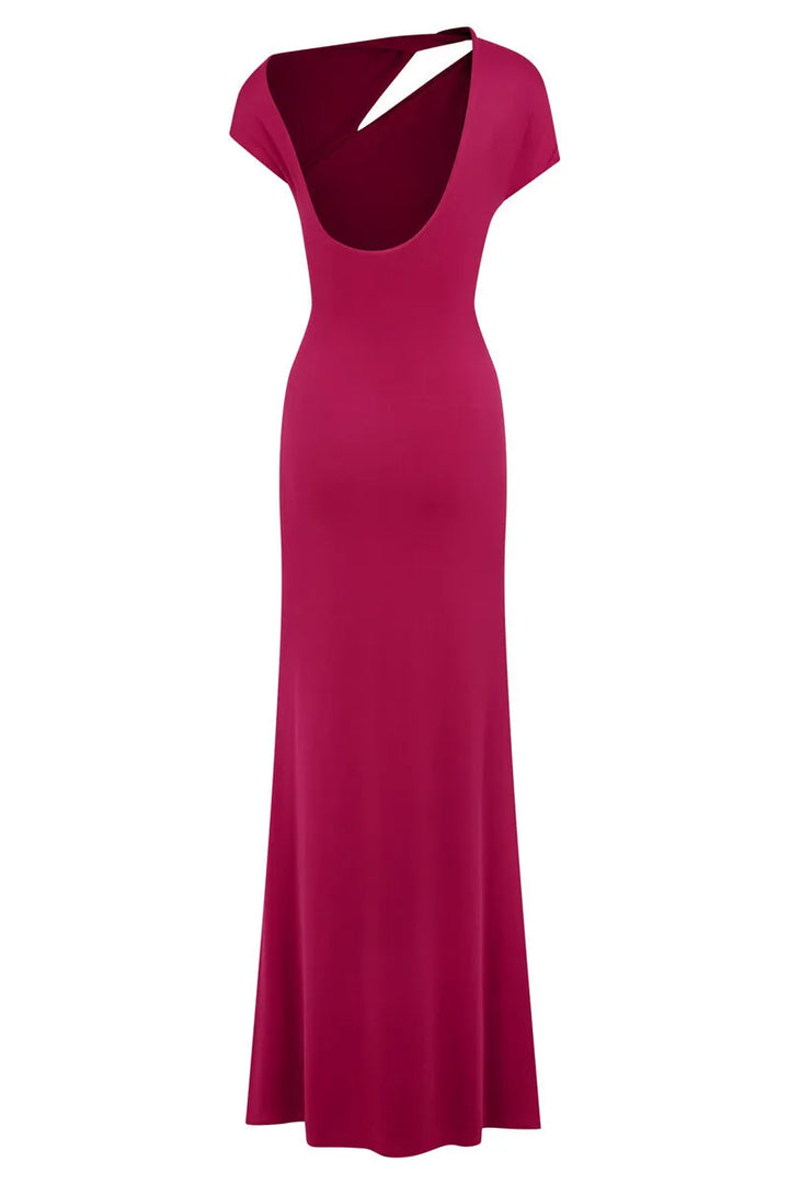 Elegant Maxi Dress with Ruching, One Sleeve, and Buckle Detail - Agatha