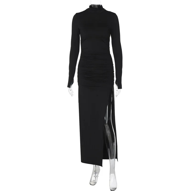 Maxi Dress with Ruching, Turtleneck, and Deep Slit - Sasha