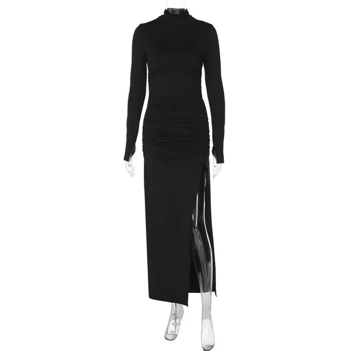 Maxi Dress with Ruching, Turtleneck, and Deep Slit - Sasha