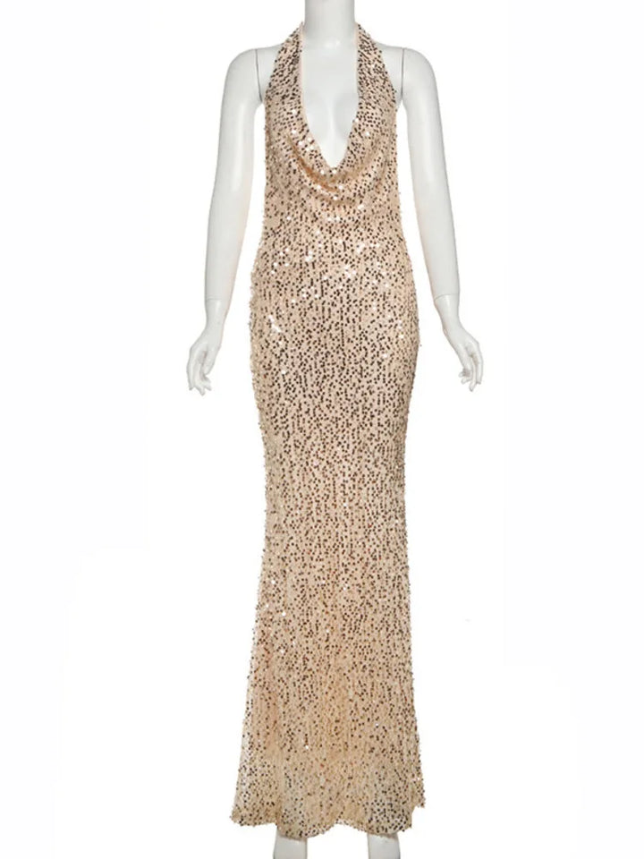 Sequin Maxi Dress with Open Back and Draped Collar - Arabella