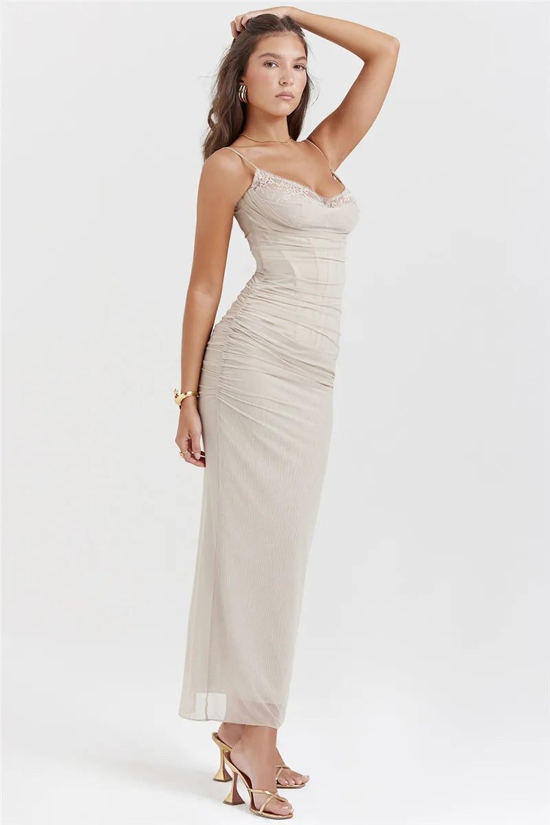 Fitted Maxi Chiffon Dress with Lace Details - Rosalia