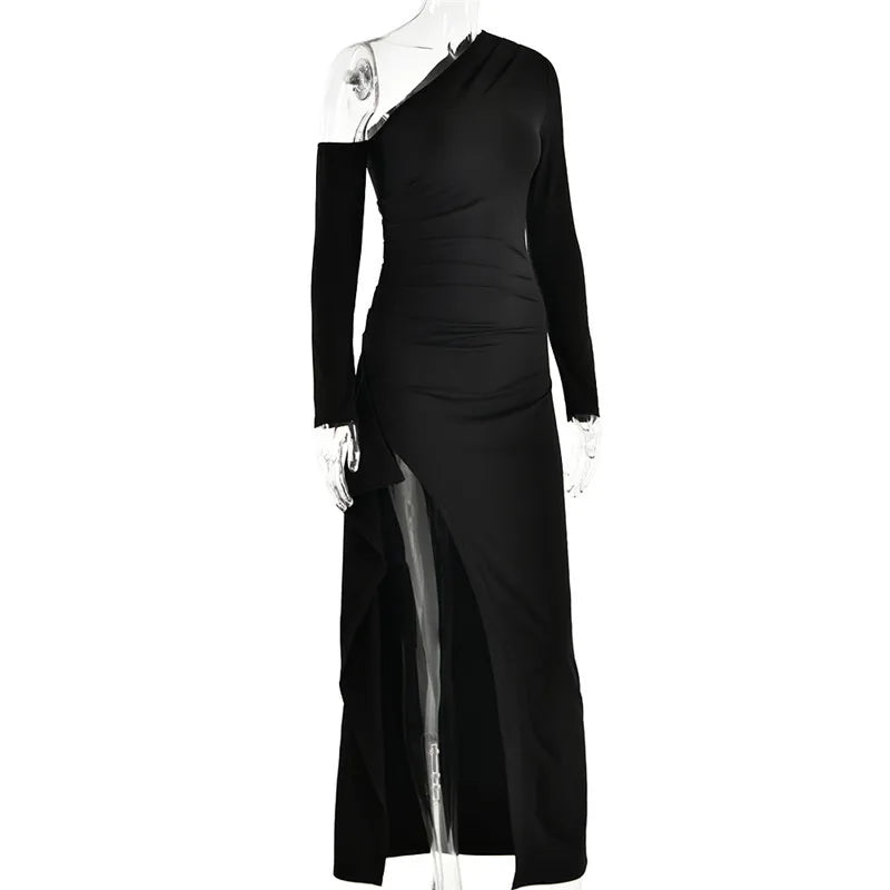 Ruffled maxi dress with shoulder slit and off-shoulder design - Melania