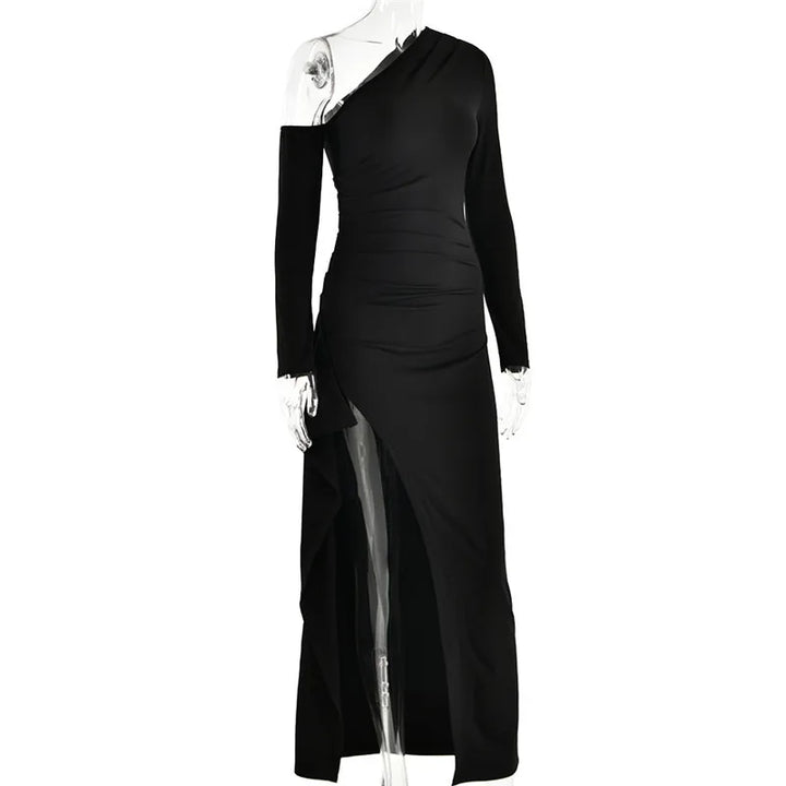 Ruffled maxi dress with shoulder slit and off-shoulder design - Melania
