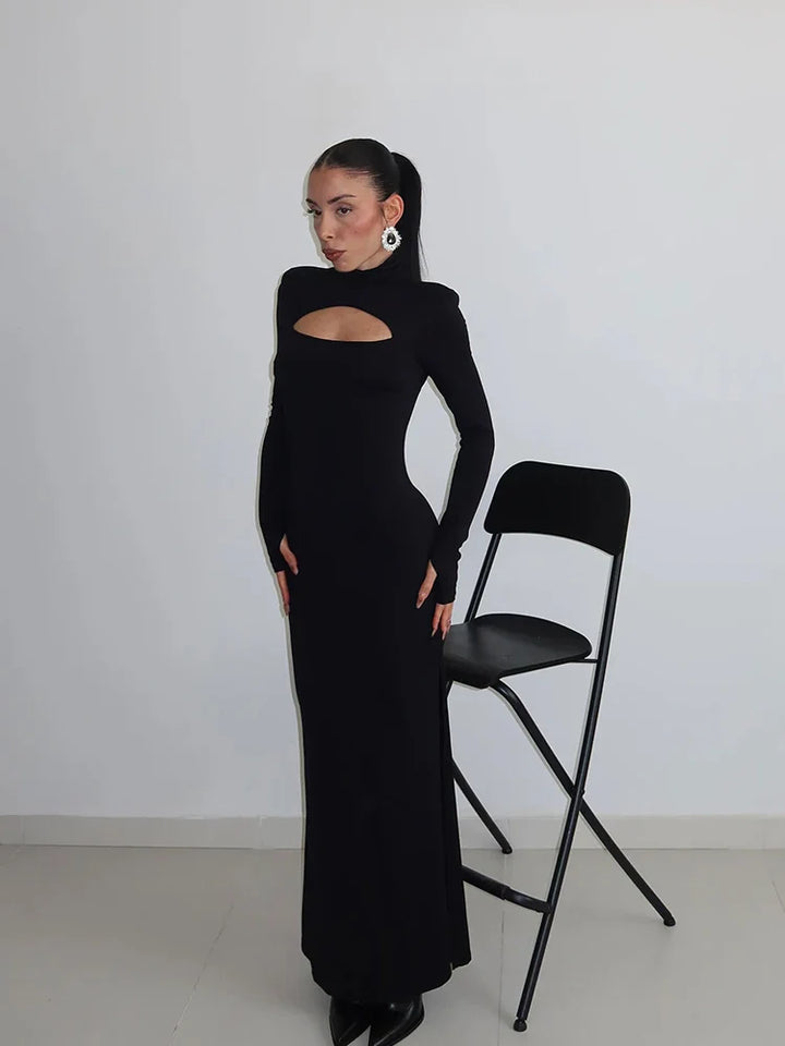 Elegant Maxi Dress with Slit Decoration and Turtleneck Collar - Eliana