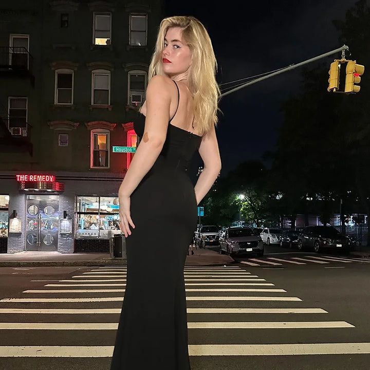 Maxi Evening Dress with Cutouts, Shirring, and Ties - Erica