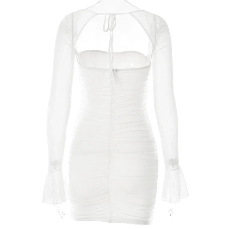 Ruched mini dress with open back and mesh sleeves - Ariana