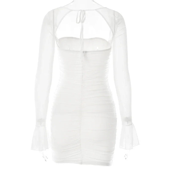 Ruched mini dress with open back and mesh sleeves - Ariana