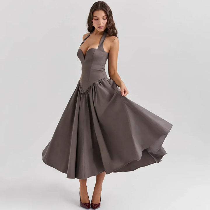 Midi A-Line Dress with Corset Design, Neck Tie - Tanya
