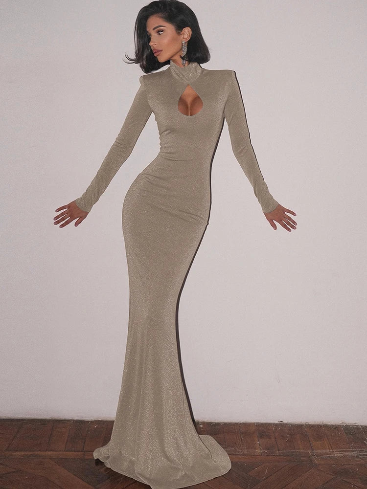 Glitter Maxi Dress with Turtleneck Collar and Cutout Embellishment