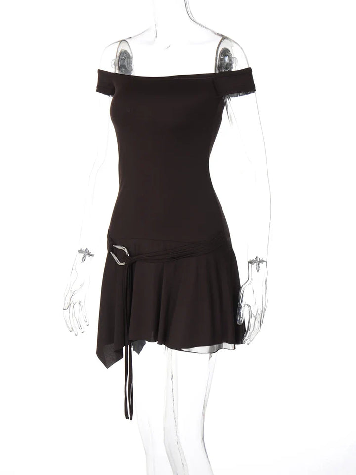 Mini Dress with Waist Belt Detail and Off-Shoulder Design - Antonella