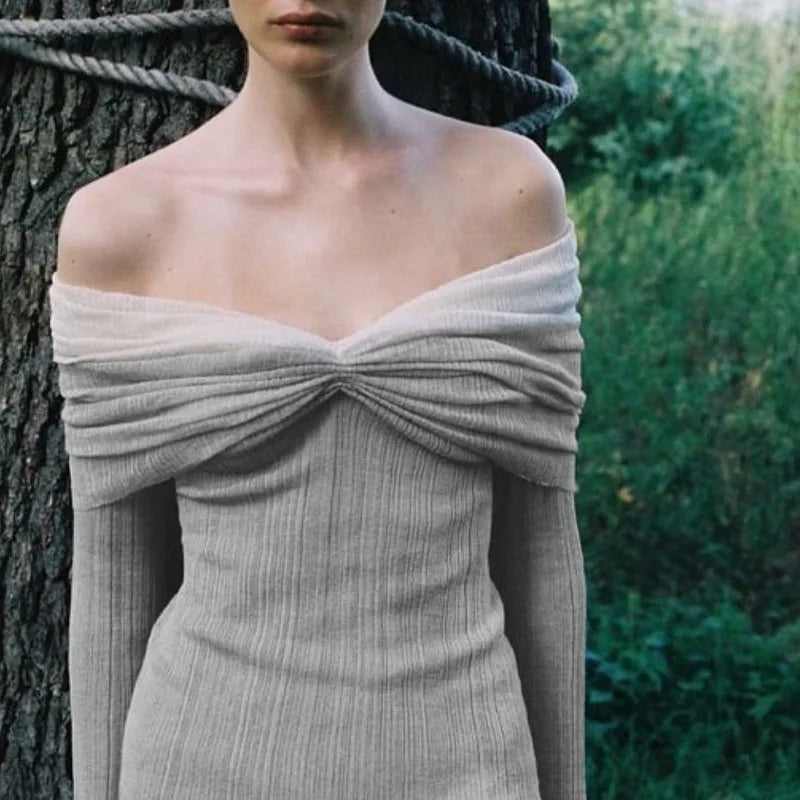 Knitted mini dress with off-shoulder ruching and bell sleeves - Belle