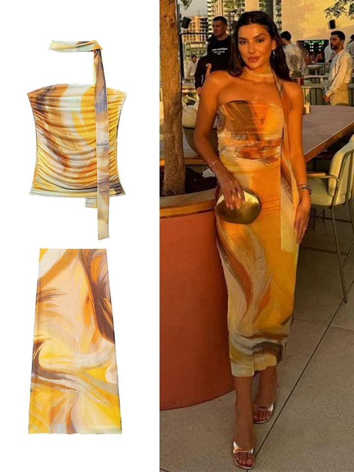 Two-Piece Chiffon Set with Strapless Top and Midi Skirt with Matching Scarf Detail - Liri