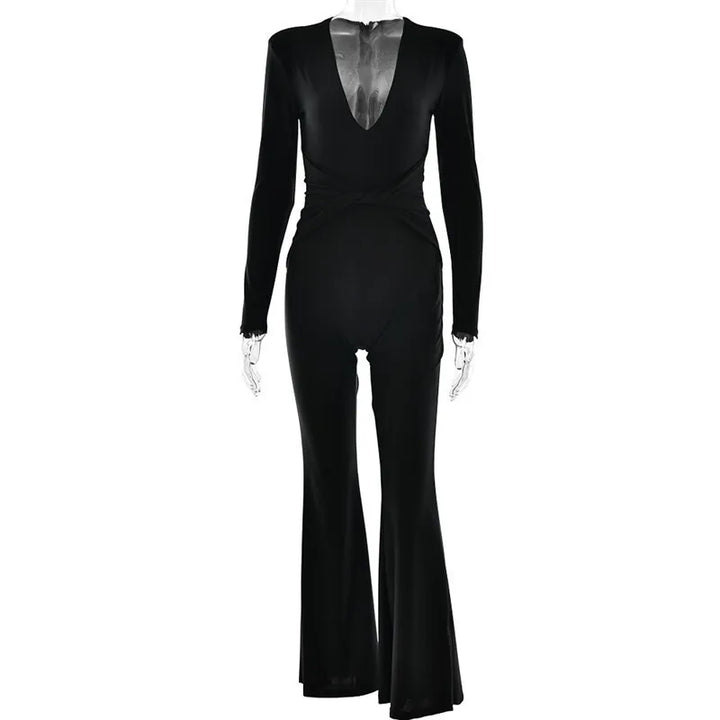Fitted long jumpsuit with shaping fabric, deep V neckline, and cross decoration - Laini