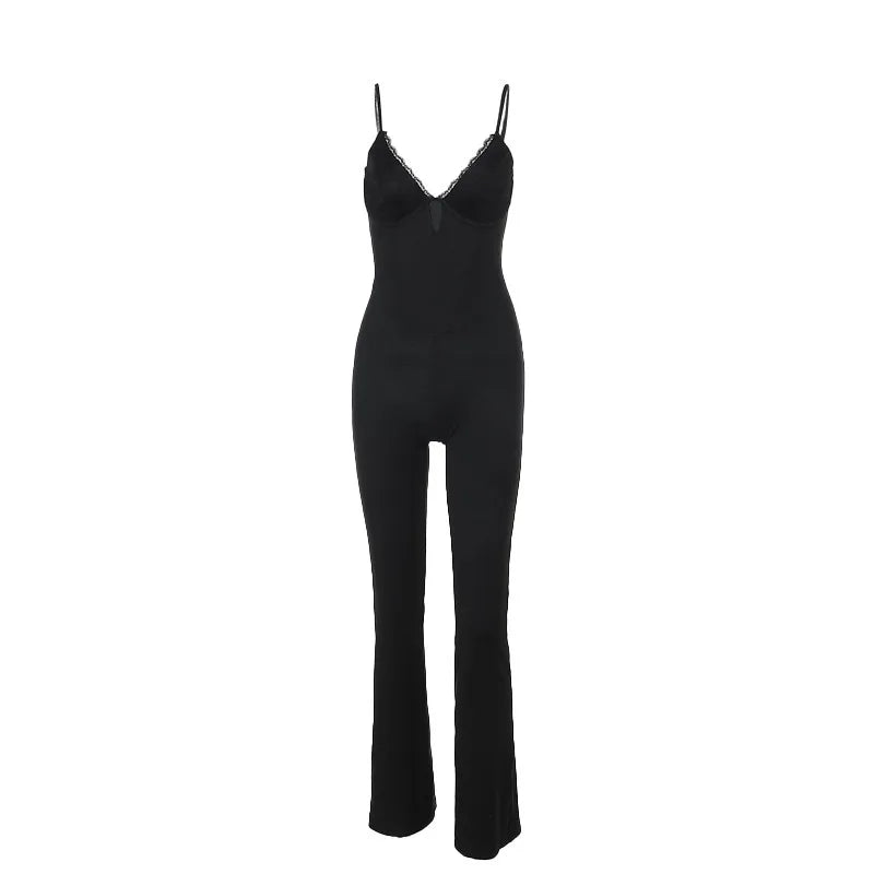 Long pedal-pusher pants jumpsuit with lace trim - Liz
