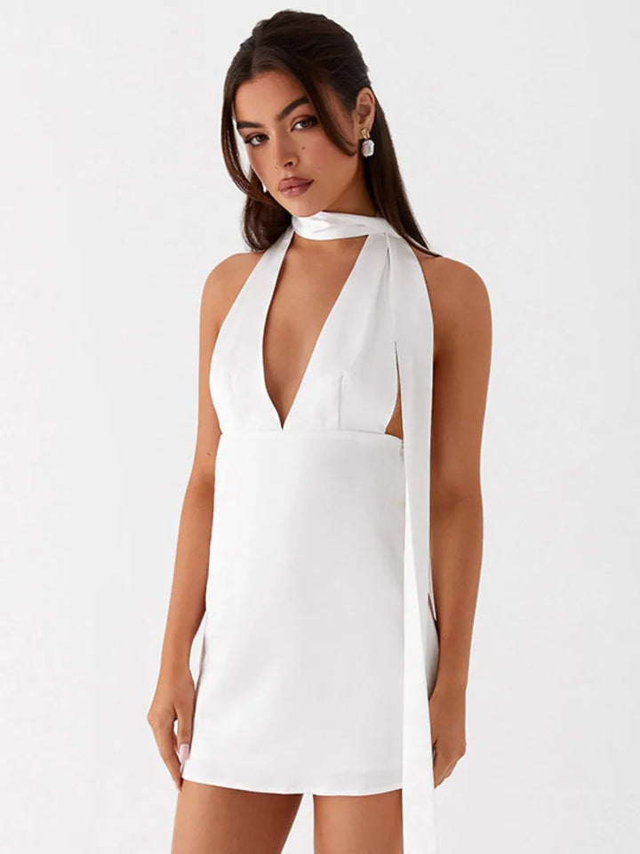 Satin mini dress with V neckline decorated with matching scarf - Karina