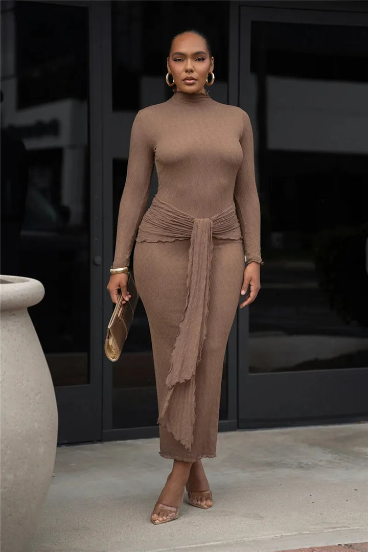 Maxi dress with ruching, tie decoration, and turtleneck collar - Halsey
