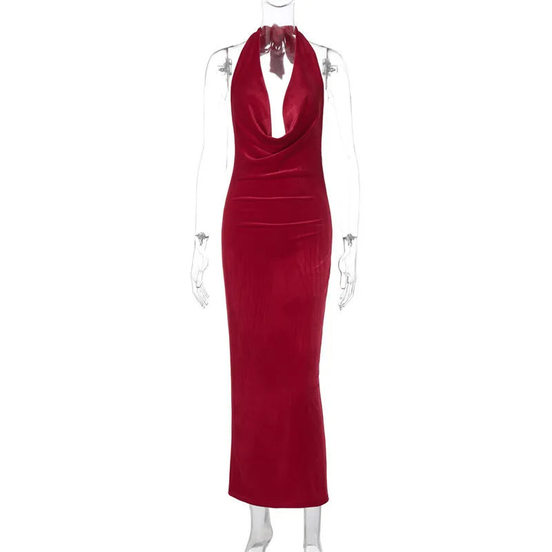 Maxi Velvet Dress with Dropped Collar and Open Back - Marla
