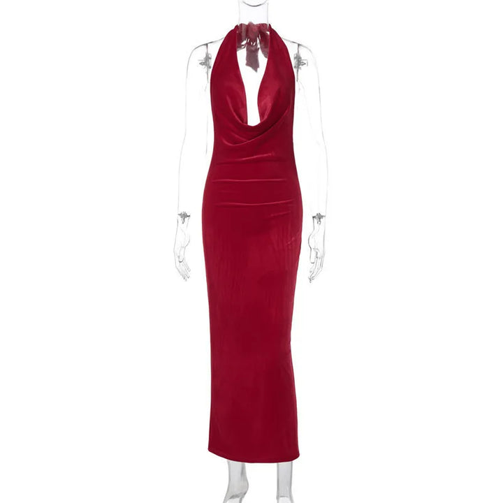 Maxi Velvet Dress with Dropped Collar and Open Back - Marla