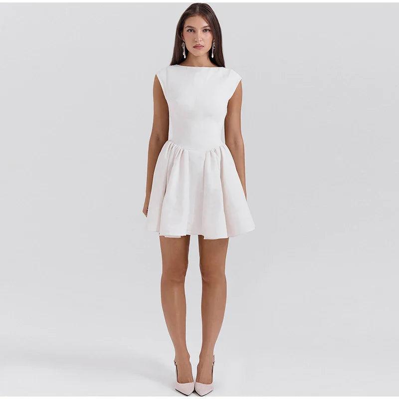 Linen Mini Dress in A-Line with Open Back - Marilyn