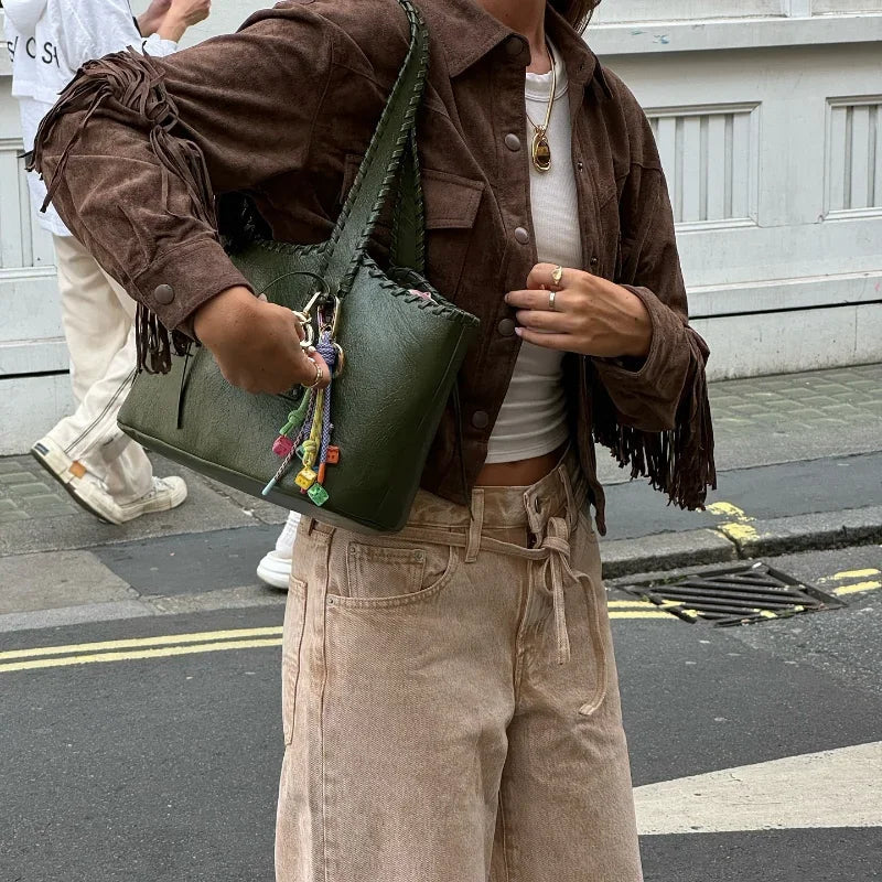 Suede Jacket with Fringe Design - Brown