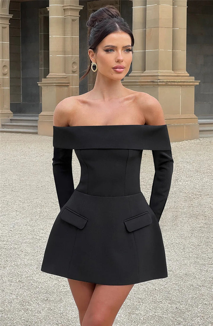 A-line off-shoulder mini dress with faux pocket design - Macy