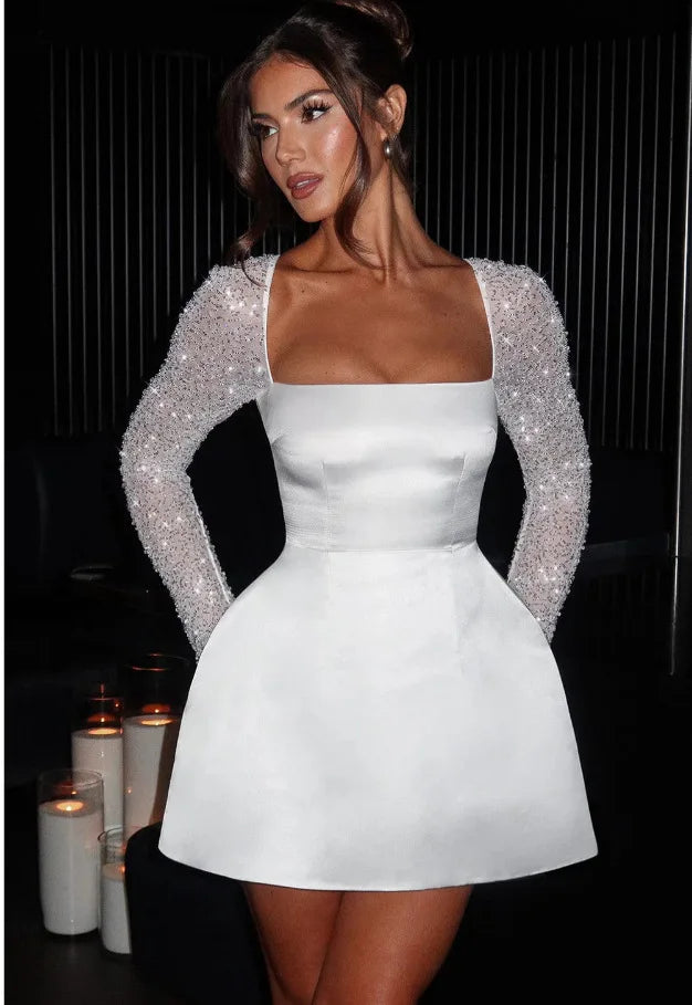 Satin Mini Dress with Mesh Sleeves and Glitter Decoration - Amara