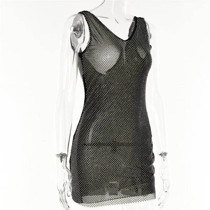 Diamond mesh sparkling mini dress with opaque hem and open back - Morrison