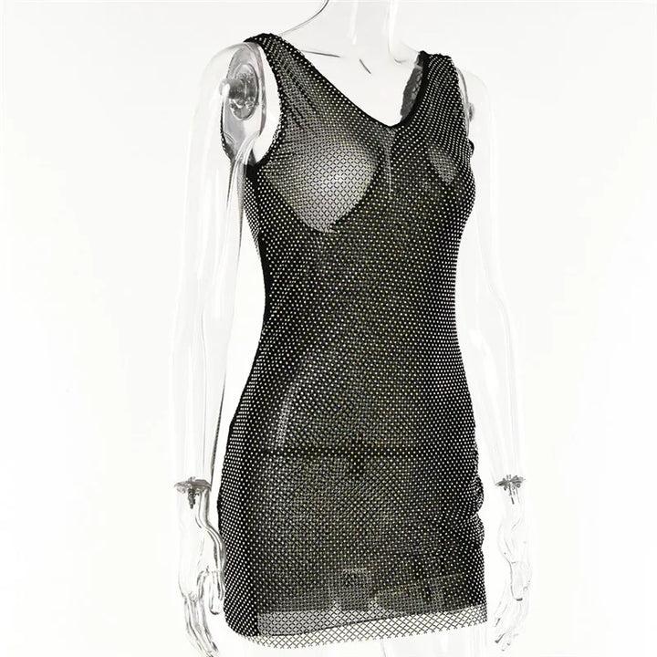 Diamond mesh sparkling mini dress with opaque hem and open back - Morrison