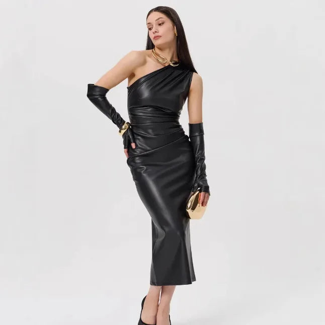 One-Shoulder Faux Leather Maxi Dress with Glove Detail - Thea