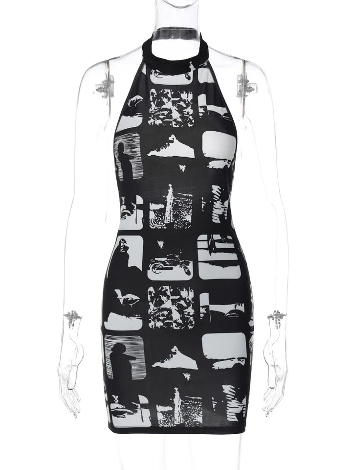 Mini Dress with Collar and Monochrome Print Design - Tessa