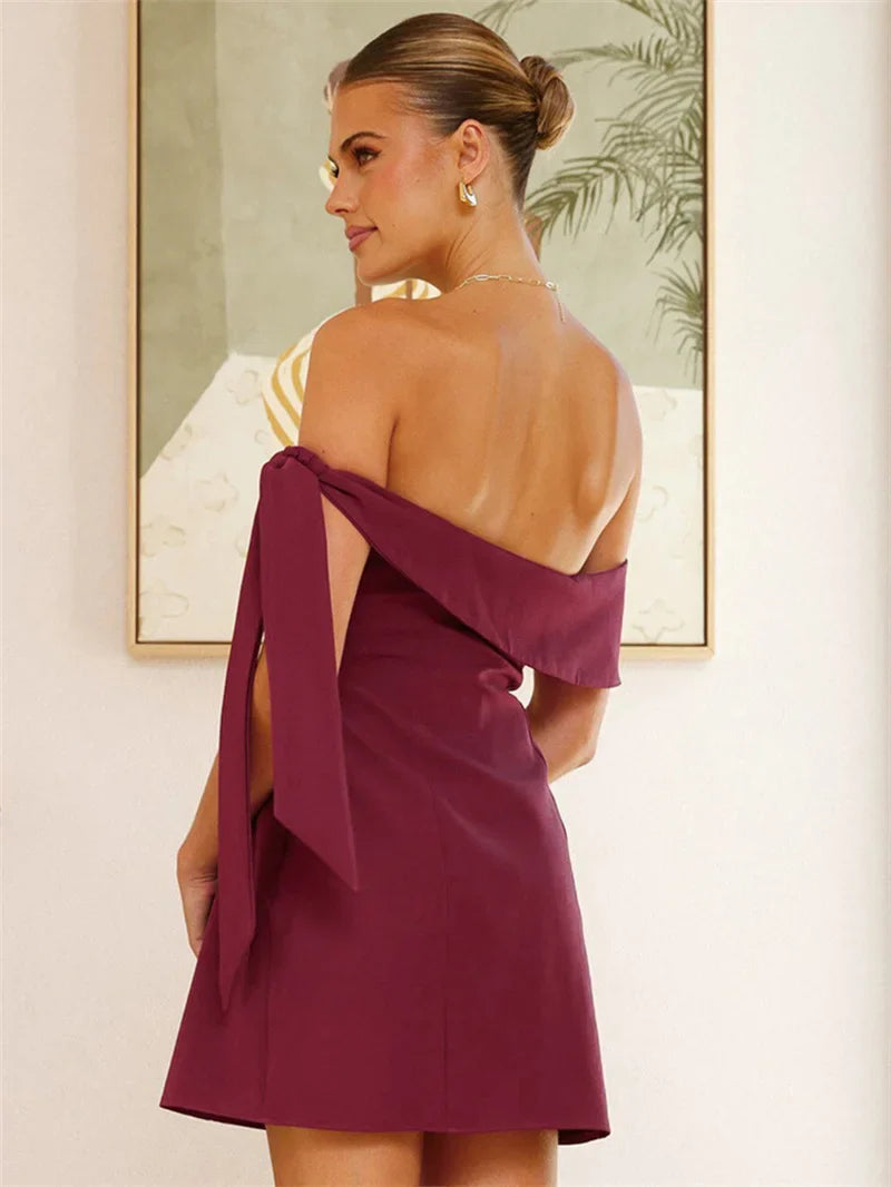 Mini A-line dress with bare shoulders decorated with tie - Sheli
