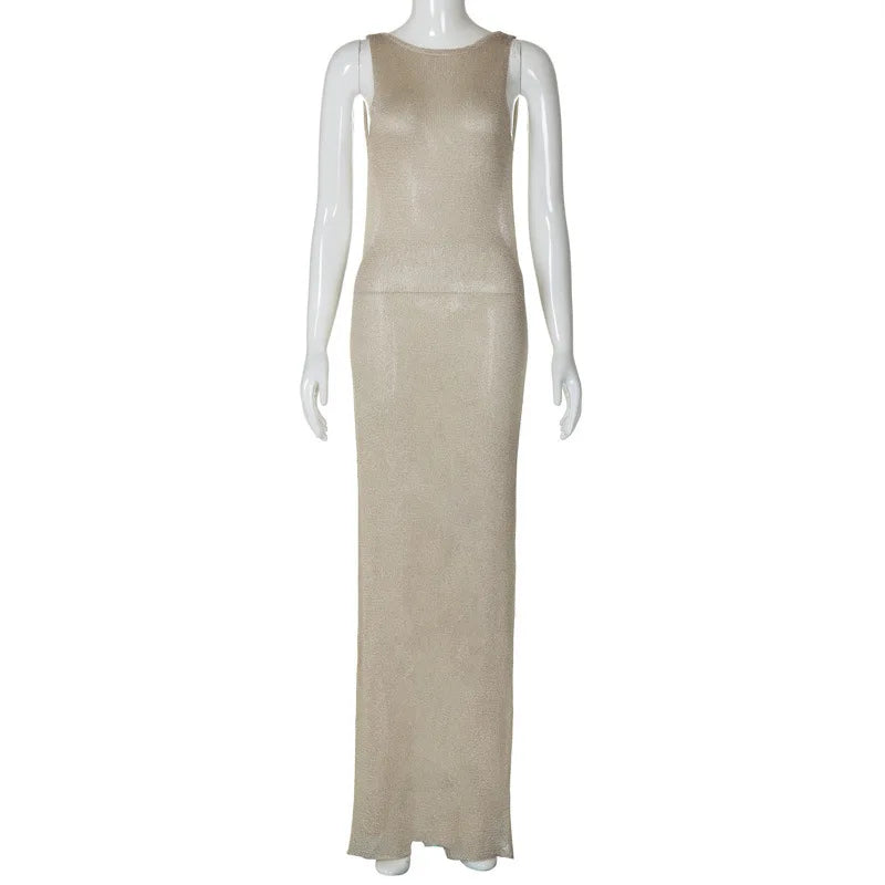 Fitted knitted sequin maxi dress with open back - Emerald