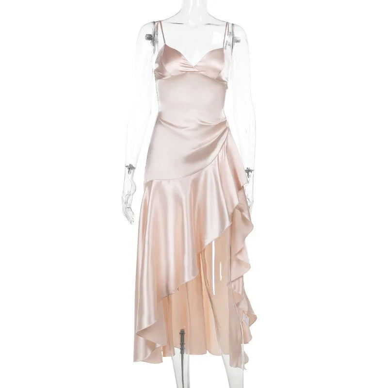 Satin Maxi Dress with Ruffle and Slit Detail - Siana