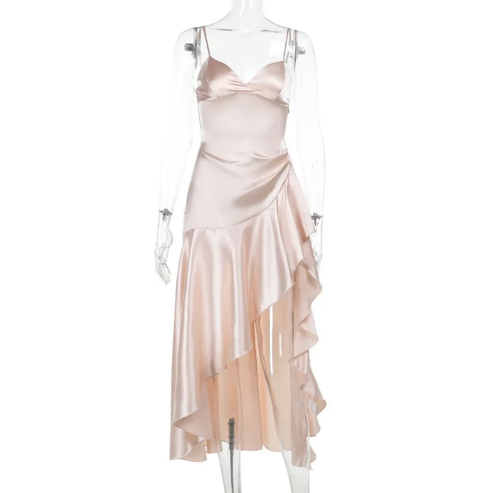 Satin Maxi Dress with Ruffle and Slit Detail - Siana