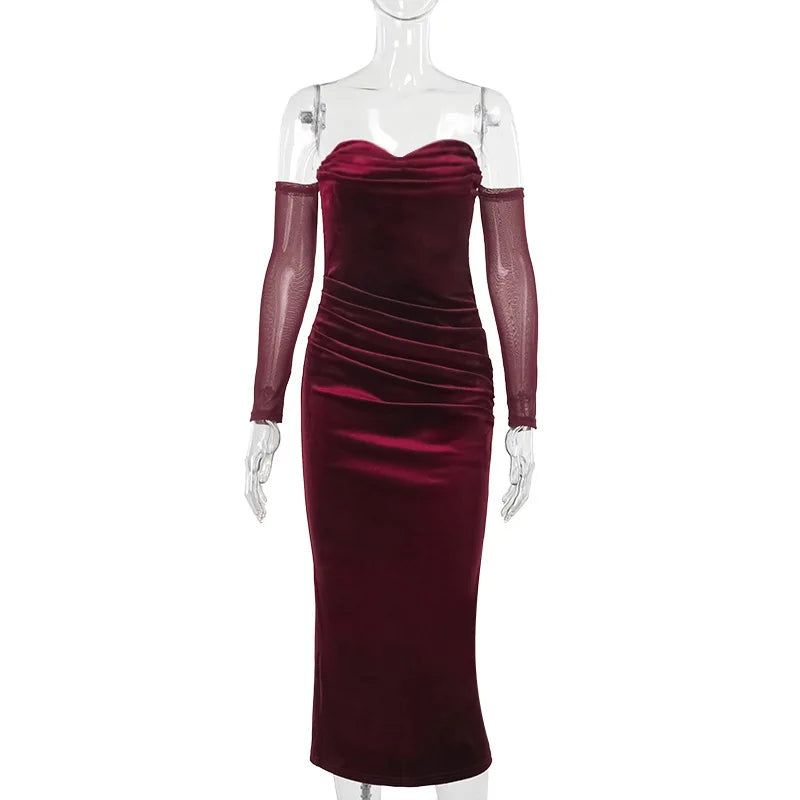 Velvet midi dress with pleats, off-shoulder, and mesh sleeves - Johanna