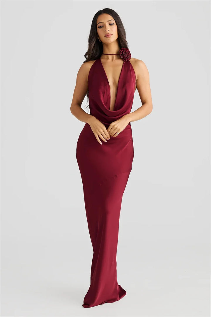 Satin Maxi Dress with Open Back and Draped Collar - Paula