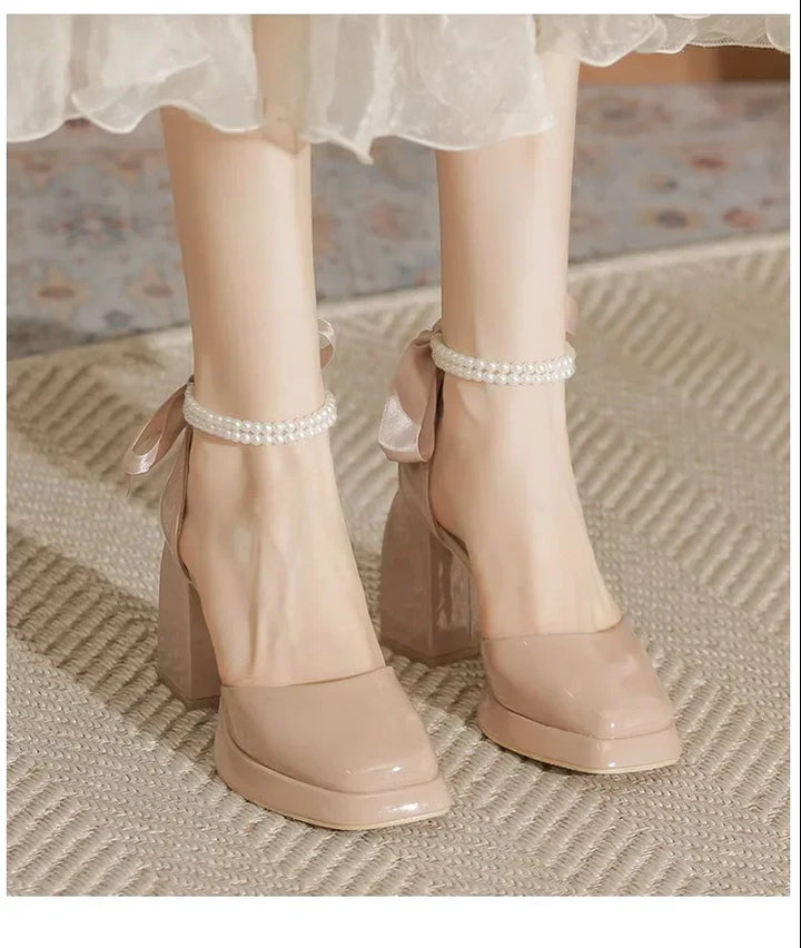 Shiny Faux Leather High Heels with Pearl and Bow Decoration - Vivian