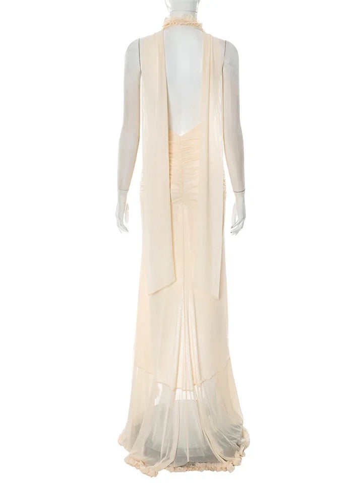 Maxi chiffon dress with ruffles and asymmetric design with matching scarf detail - Milka