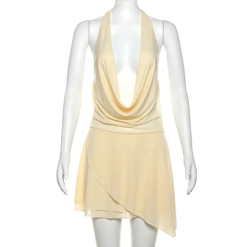 Ruffled Chiffon Mini Dress with Draped Collar and Open Back - Juliana