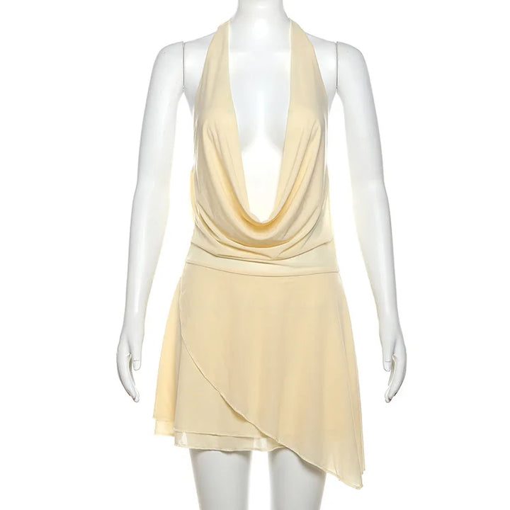 Ruffled Chiffon Mini Dress with Draped Collar and Open Back - Juliana