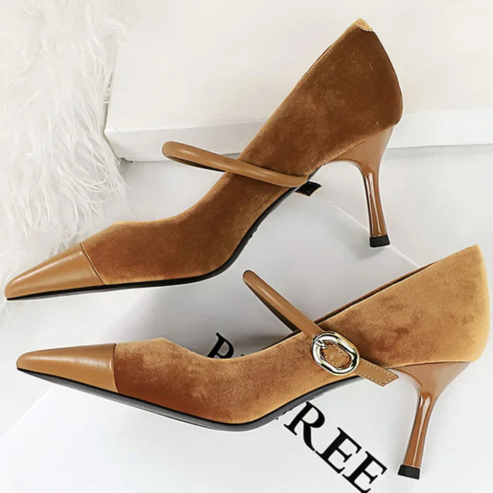 Pointed Heel Shoes with Velvet and Faux Leather Buckle Decoration - Mabel