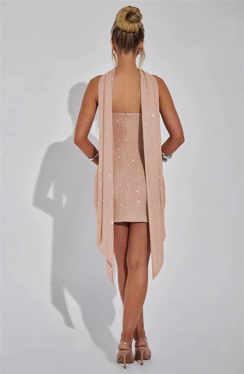 Strapless Mini Dress with Glitter Sequins and Matching Scarf Detail - Katlia