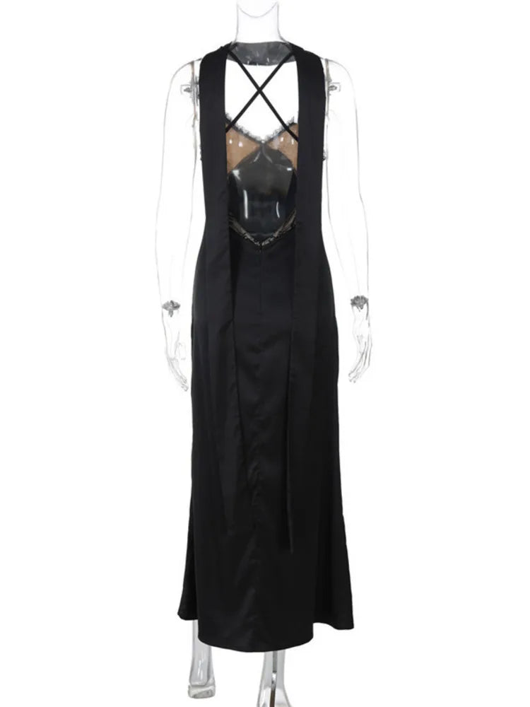 Maxi satin dress with lace decoration and matching scarf, open back - Liset
